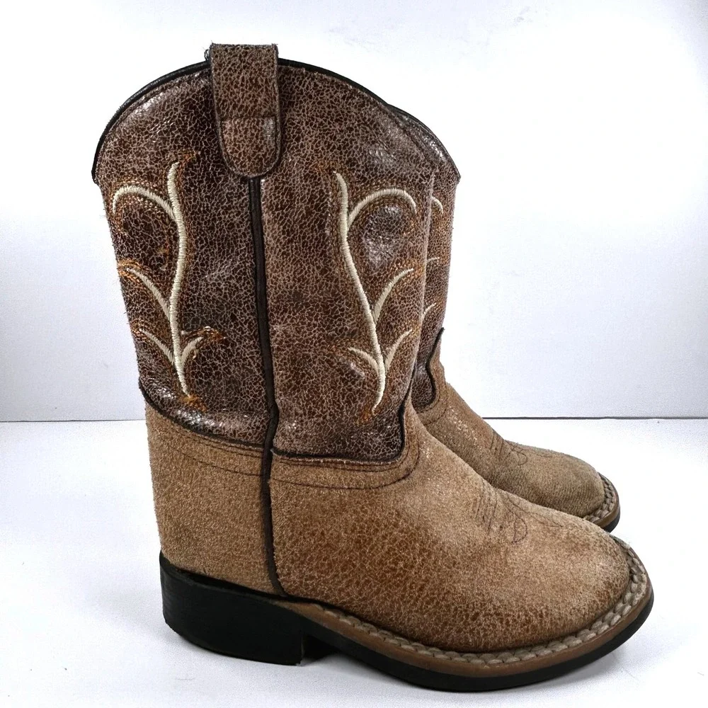 Old West Kids VB1013 Tan Brown Distressed Square Toe Western Cowboy Boots Size 8